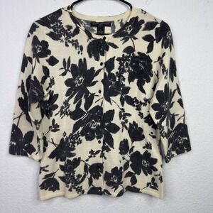 Elena Solano Cardigan Women PL Beige Black Lambswool Angora Floral Coquette Prep